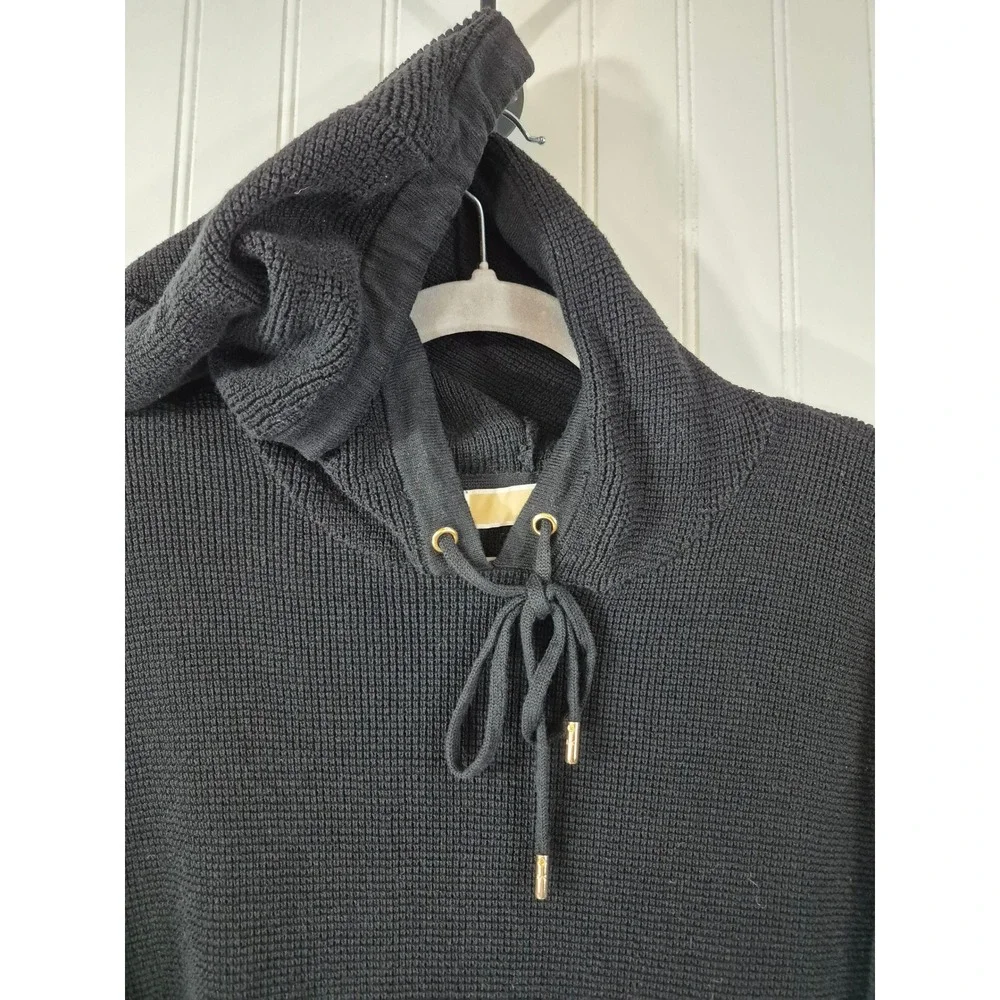 Michael Kors Black Waffle Knit Hoodie Gold Logo Pullover Cropped Sweater Medium